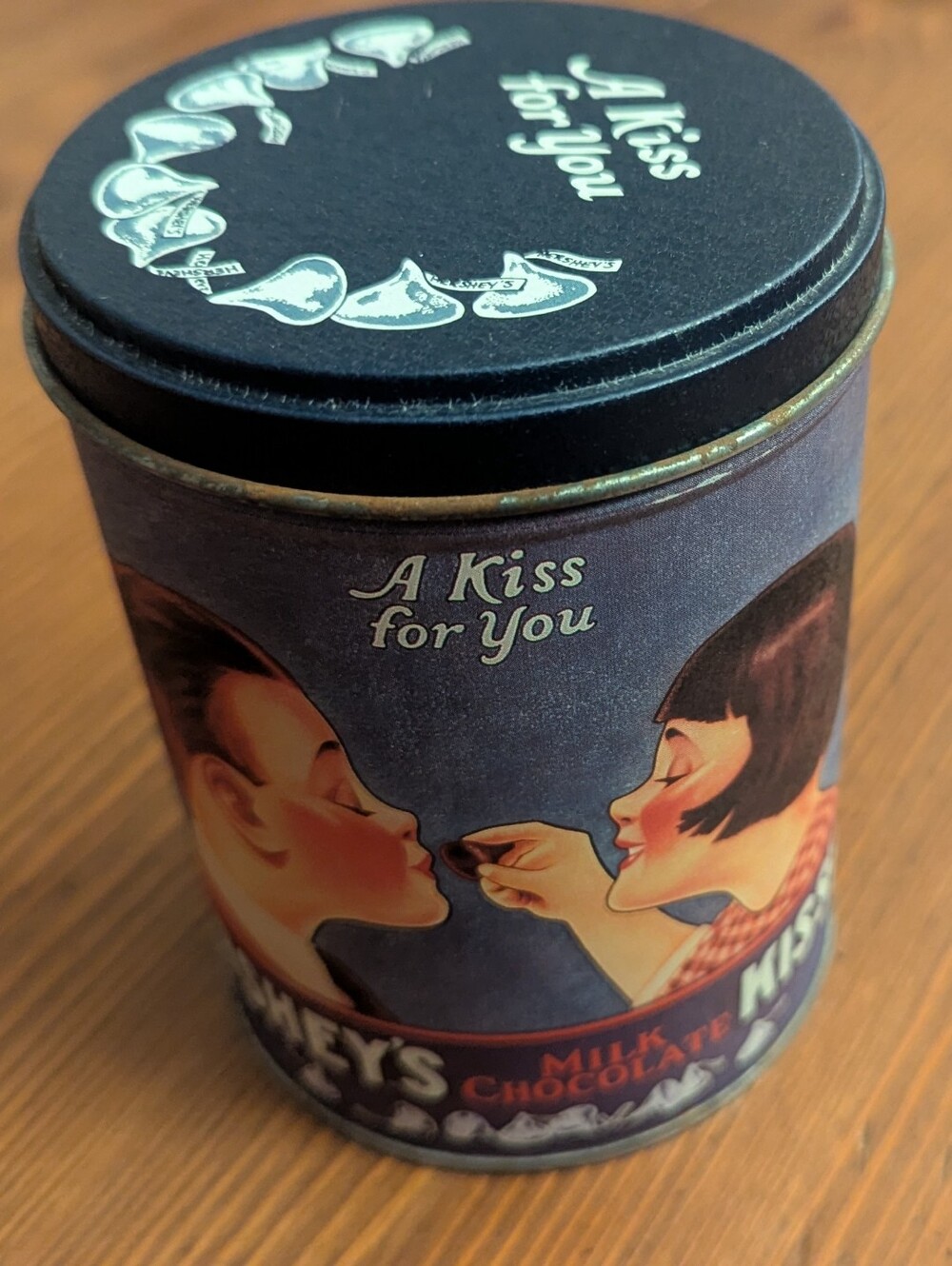Vintage 1995 Hershey's Kisses Milk Chocolate Tin Container "A Kiss For You" 5" H